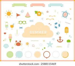 Set of summer item illustrations and frames Decoration Accent Background Vector Decorative Colorful No lines