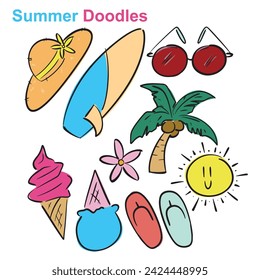 Set of summer item sticker. Collection elements for summer holiday and party. Vector illustration isolated on white background.