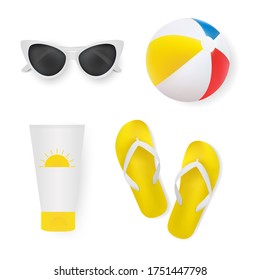 Establezca los elementos de verano 3D aislados en un fondo blanco. Iconos de la colección. Gafas de sol, chanclas, protector solar, bola inflable. Ilustración vectorial.