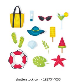 set of summer items, accessories.Bag, starfish, Lifebuoy, hat,leaf, sunglasses,sunblock, ice cream, cold drinks, slippers.Modern vector flat image design isolated on white background.Summer stuff set.