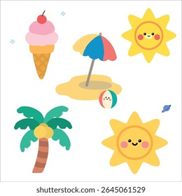Set of summer items cute sun, umbrella, ball, coconut palm tree, and ice cream editable vector design illustration
