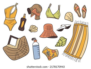 Set of summer items in doodle style. Beach swimsuit, shell, flip flops, sunscreen, beach wicker bag, panama hat, sunglasses, towel, water bottle, bikini and bra. Simple minimalist design icons.