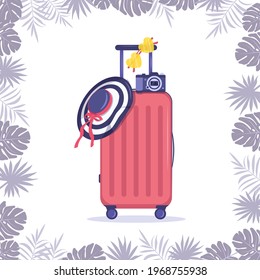 Set of summer items and frame from palm leaves. Bright pink suitcase, striped hat with bow, travel camera and yellow glasses for seaside vacation. Vector flat illustration