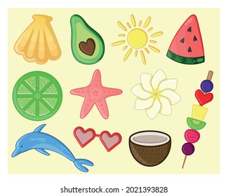Set of summer items and fruits.