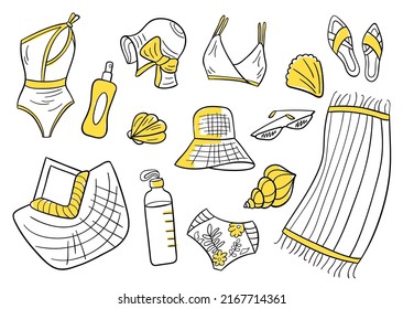 Set of summer items in hand drawn style. Simple minimalist design icons. Beach swimsuit, panama hat, sunglasses, towel, water bottle, shell, flip flops, sunscreen, beach wicker bag, bikini and bra.