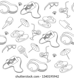 Set of summer items. Ice cream, sunglasses, umbrella, camera, underwater mask. Vector line illustration
