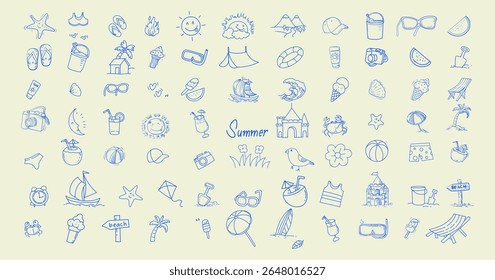 Set of summer items icon sign and symbol illustration. Icons related to summer vacation tropical sea, beach and travel.