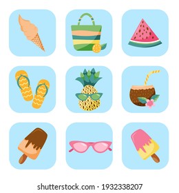 set of summer items as icons on the blue background
