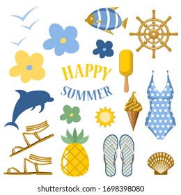 Set of summer items icons. Vector flat illustration.
