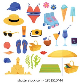 set of summer items isolated on white background. attributes for a summer vacation on the beach, an active lifestyle. sunglasses, hat, sunscreen, rollers, summer drinks and ice cream.