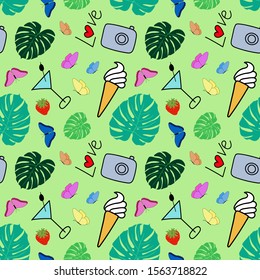 Set of summer items on a light green background, flat summer vector, seamless pattern