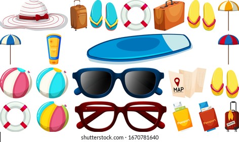 Set of summer items on white background illustration