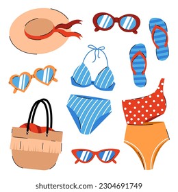 Set of summer items for sea holidays. Bikini, swimsuit, sunscreen, beach bag, flip flops, hat and sunglasses . Flat cartoon illustration on white background.