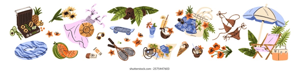 Set of summer items, sea resort accessories. Different tourists' stuff: clothes, sunglasses, sunscreen, bikini, inflatable circle. Holiday travel, tourism. Flat isolated vector illustrations on white