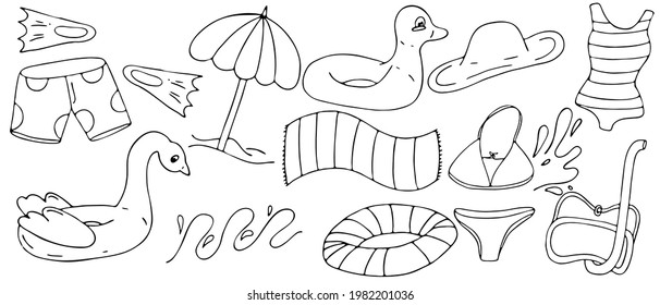conjunto de elementos de verano - árbol, traje de baño, círculo inflable, conjunto vectorial de elementos de doodle, coloreado, contorno negro