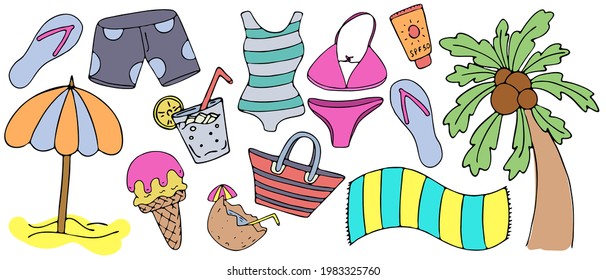 set of summer items - tree, swimsuit, inflatable circle, vector set of colored doodle elements