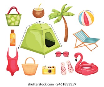 A set of summer items in a trendy card style. Tent, palm tree, sun lounger, sunglasses, sunscreen, bag, swimsuit, inflatable ring in the shape of a flamingo. Vector illustration. Collections template