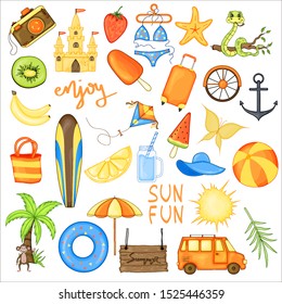 Set of summer items for vacation. Summer cartoon collection in vector.