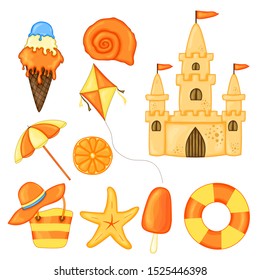 Set of summer items for vacation. Summer cartoon collection in vector.