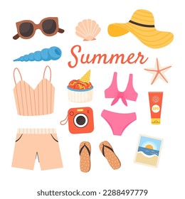 Set of Summer items for vacation. Design elements of beach holidays and travel. Flat vector illustration isolated on white background