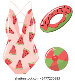 set of summer items with watermelon design, namely swimsuit, swimming ring and beach ball, for poster, banner or packaging