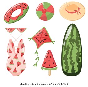 Set von Sommerartikeln mit Wassermelonen-Design, nämlich Badeanzug, Drachen, Schwimmring, Strandhut, Gläser, Strandball und Surfbrett, für Poster, Banner oder Verpackung