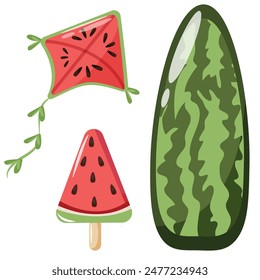 set of summer items with watermelon design, namely ice cream, swimming circle and surfboard, for poster, banner or packaging