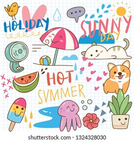 Set of summer kawaii doodle vector illustration