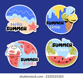 Set of summer labels. Beach with sea and ocean, ice cream, watermelon slice and cocktail. Holidays in tropical and exotic countries. Cartoon flat vector collection isolated on blue background