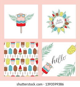 Set of summer labels with hand drawn elements.Fresh healthy food tropical collection, badges or labels vector template.Big set of summer hand drawn tags,cards,poster,banner for holiday,beach vacation.