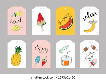 Set of summer labels with hand drawn elements. Fresh healthy food tropical collection, badges or labels vector template. Big set of summer hand drawn tags,cards,poster,banner for holiday,beach vacation.