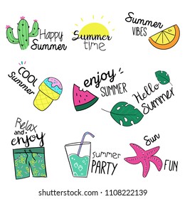 Set of summer labels, icons, logos with hand-drawn text and items for summer holiday, beach, vacation, travel, sun. Vector Illustrations.
