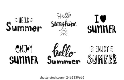 Set von Sommerlabels, Logos, handgezeichnete Tags und Elemente für Sommerurlaub, Reisen, Strandurlaub, Sonne. Vektorillustration.