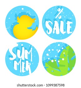 Set of summer labels for sale with duck, palm leaves and text on blue circles. Flat design. Vector background.
