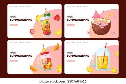 Set of summer landing pages design in trendy colors with summer drinks. Web page design. Vector template. Modern vector illustration concept for website and mobile website development.
