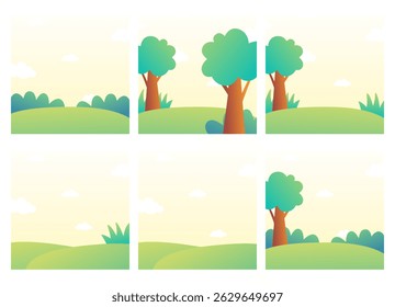 A set of summer landscape elements featuring trees, bushes, grass, and hills under a bright yellow sky. Perfect for outdoor scenes, nature backgrounds, kids illustrations, and seasonal design projects