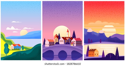 Set Summer landscape june july august month. Season banner for calendar pages cover baner poster. Minimal noise brush trendy style isolated vector