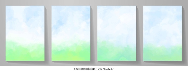 Set of summer landscape vector watercolor background with blue sky, white clouds and green field. Watercolor illustration for interior, flyers, poster, cover. Abstract modern hand draw painting.