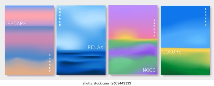 Set of summer landscapes. Colorful card, banner, cover, voucher design. Sea, field, sunset, sunrise, blue sky. Minimal gradient poster design.