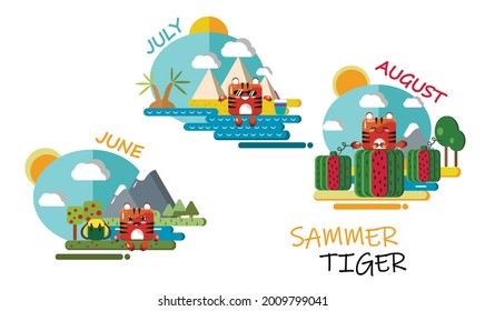 Conjunto de paisajes de verano en un estilo plano con un bonito cubo de tigre. Ilustración vectorial.