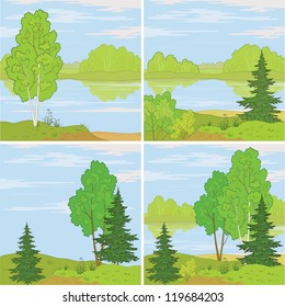 Set summer landscapes: forest, river and the blue sky with white clouds. Vector