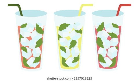 Set of Summer Lemonade. Cartoon vector illustration with straw, ice cubes, mint and Fruits in Glass. Refreshing cold Drink. Graphic for Poster, Banner, Flyer, Cocktail party. Fresh and Juicy beverage.