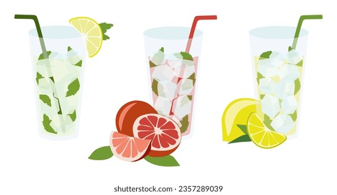Set of Summer Lemonade. Cartoon vector illustration with straw, ice cubes, mint and Fruits in Glass. Refreshing cold Drink. Graphic for Poster, Banner, Flyer, Cocktail party. Fresh and Juicy beverage.