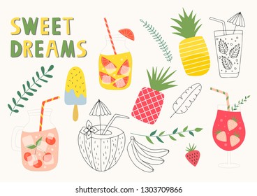Set of summer lemonade and cocktails. Vector isolated illustration.