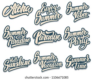 Set of summer lettering phrases. Aloha, paradise, summer party. Design element for poster, print, card, banner, flyer. Vector image