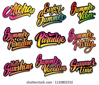 Set of summer lettering phrases. Aloha, paradise, summer party. Design element for poster, print, card, banner, flyer. Vector image