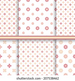 Set of summer light flowers seamless patterns in pink yellow colors - vector endless texture 