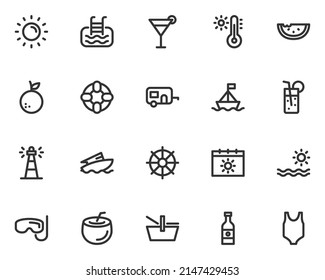 conjunto de iconos de la línea de verano, playa, mar, vacaciones, viajes