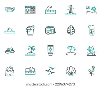 set of summer line icons, holiday, beach, travel, 