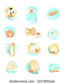 Set of summer logo icons. Keep calm and have fun. Relax. Hot and fun summer at the sea. Wonderful summertime logos. Party and adventure. Vector in flat style